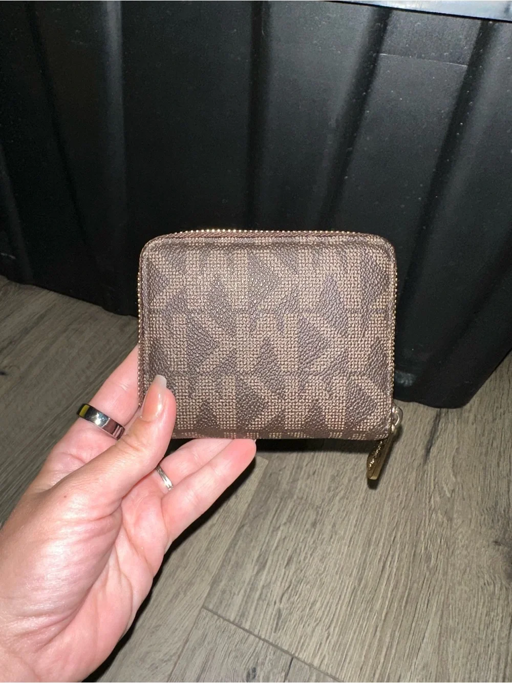 Michael Kors Brown Logo Zip Around Compact Wallet with Gold Plaque